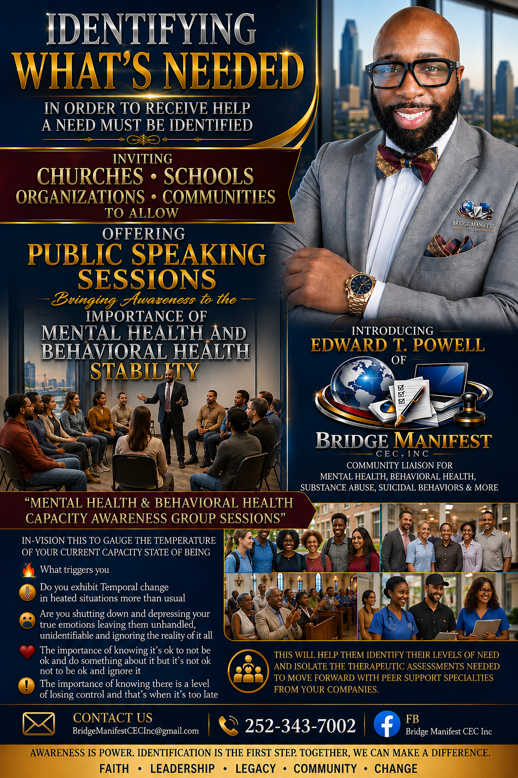 Identifying What's Needed flyer: Edward T. Powell of Bridge Manifest CEC, Inc. offers public speaking sessions on mental health and behavioral health stability for churches, schools, organizations, and communities.